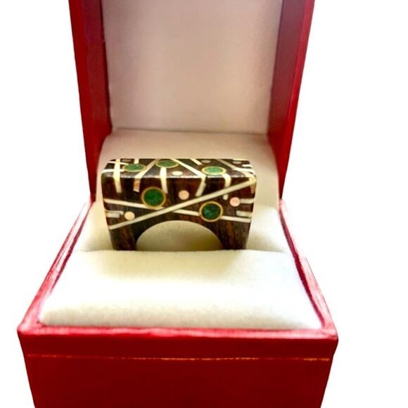 One of a Kind Hand crafted Wood Ring, Green/White Inlays - Picture 3 of 8